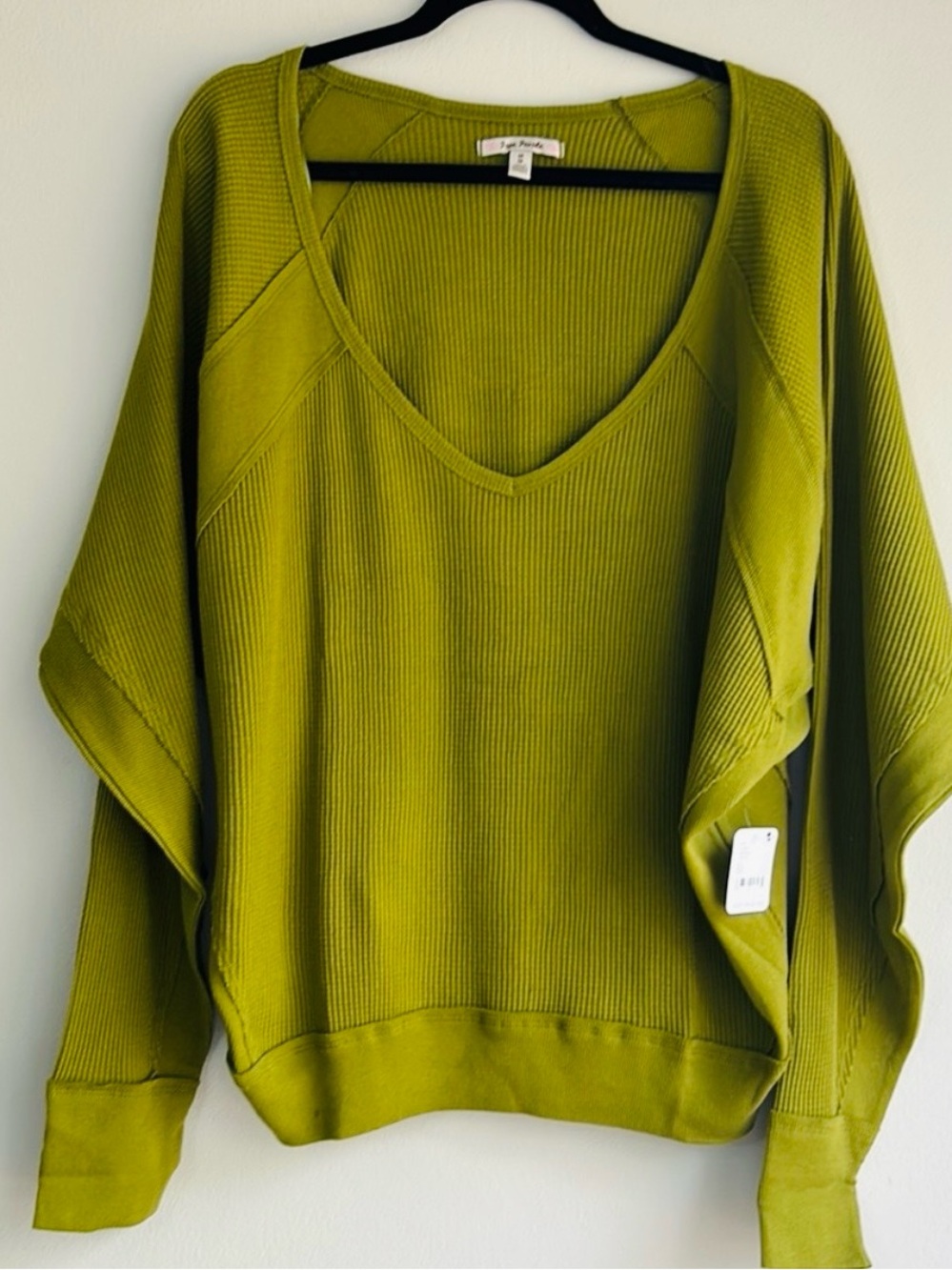 Free People Chartreuse V-Neck Ribbed Pullover